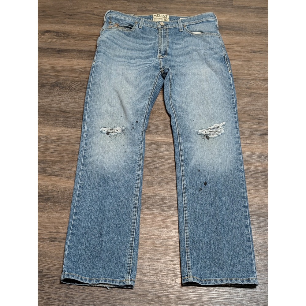 Ariat M5 Straight Fit Jeans Mens 34x32 Blue Distressed Splatter Denim
